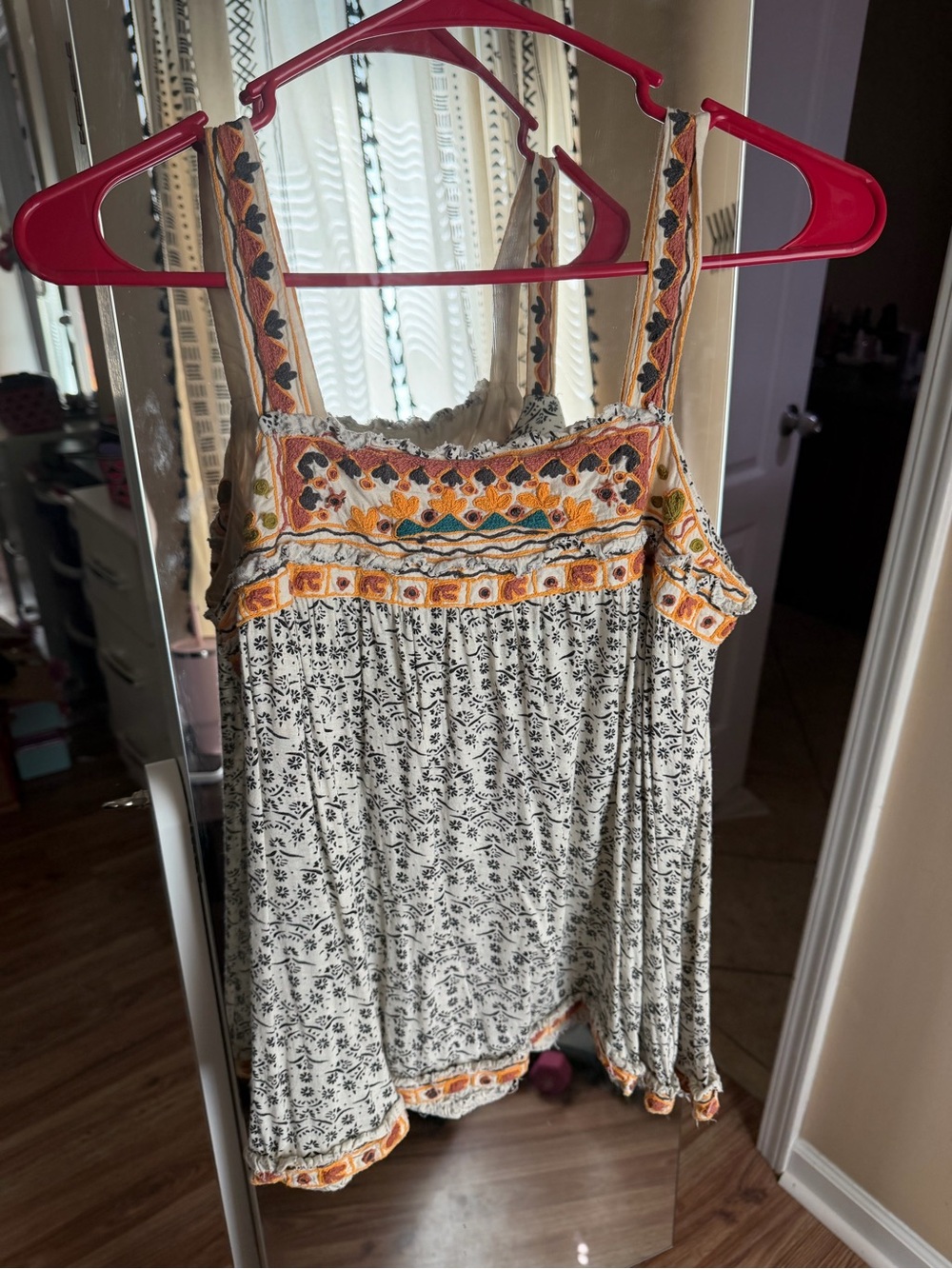 Free People Cream Boho Tank Top with Orange Embroidery
